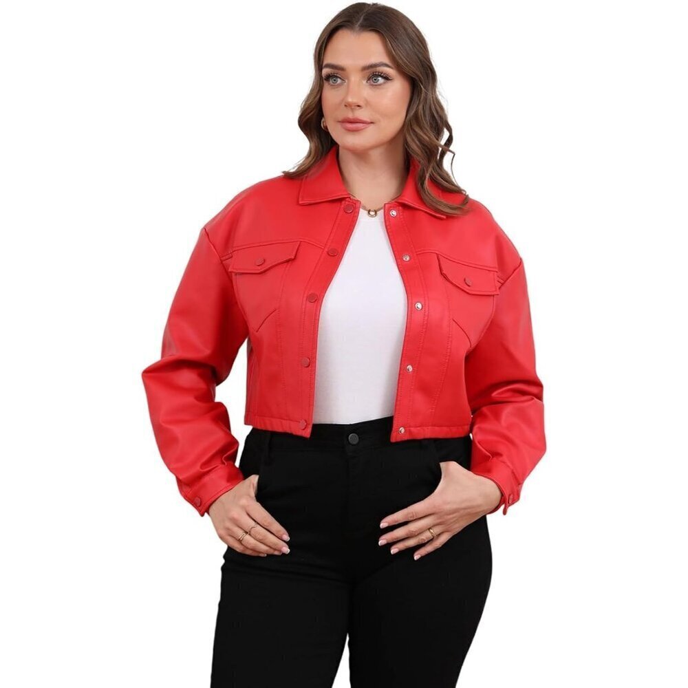 🆕Women Red Cropped Moto Biker Short Comfortable Pu Faux Leather Fashion Jacket